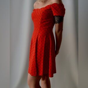Vintage 80’s Algo-Ettes Red Polka Dot Off Shoulder Dress – Scalloped Neckline